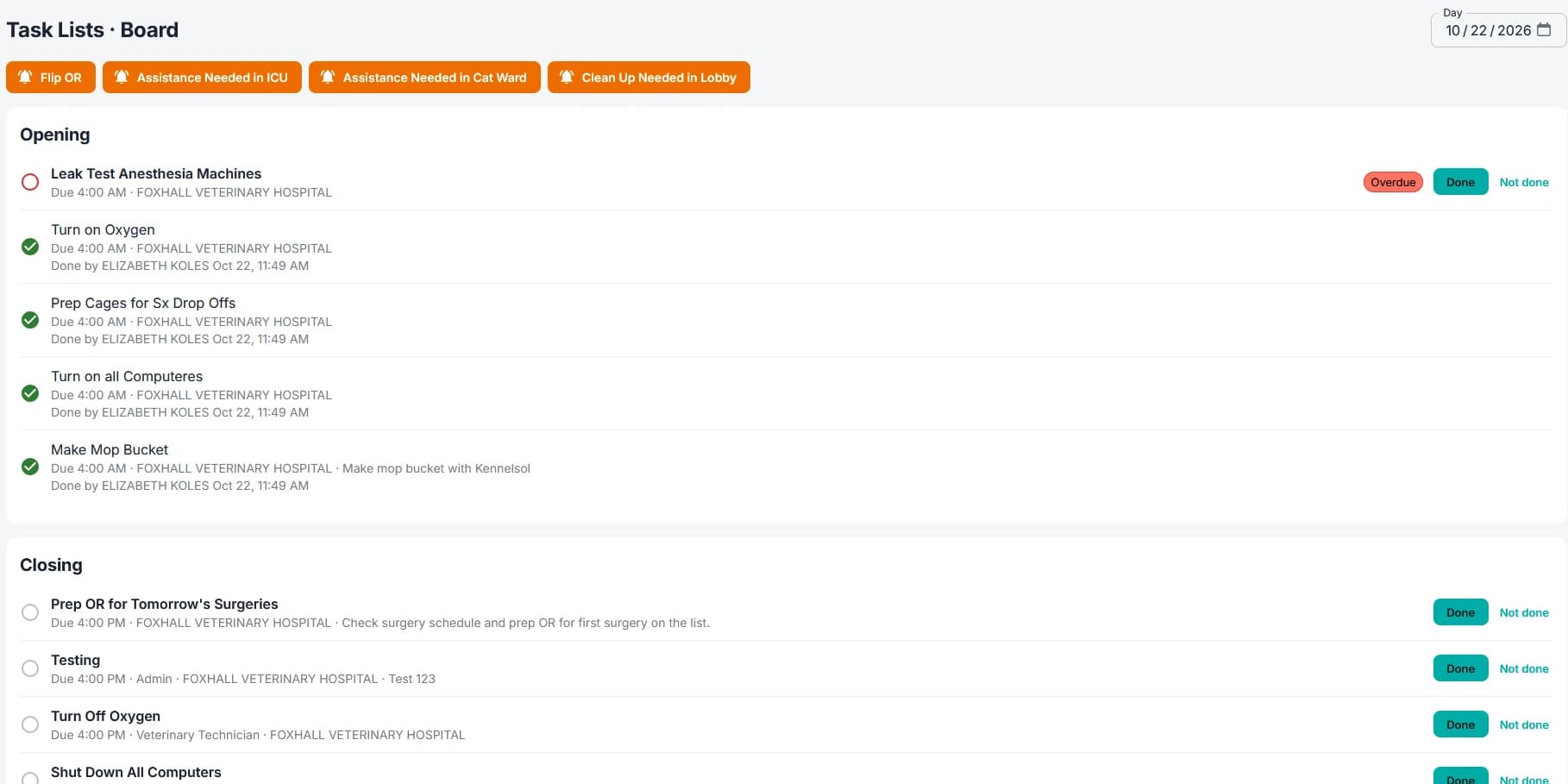 Sitehound Tasks board with page buttons for Flip OR, ICU, Cat Ward and lobby cleanup above the day's opening and closing checklists
