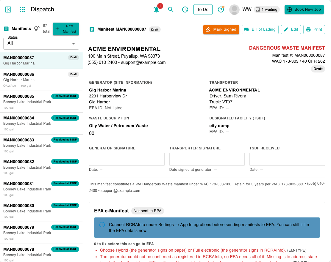 Sitehound Dispatch hazardous waste manifest
