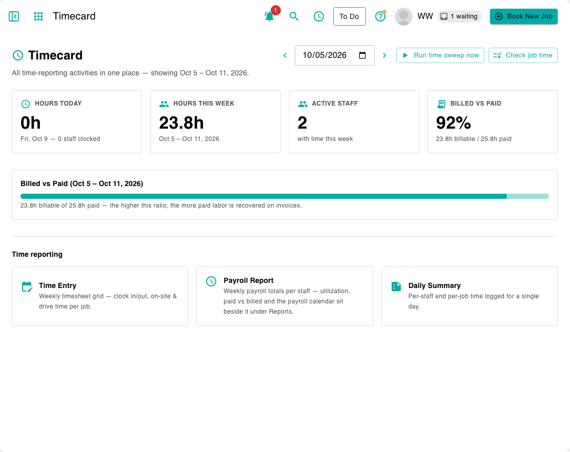 Sitehound Dispatch timecard overview