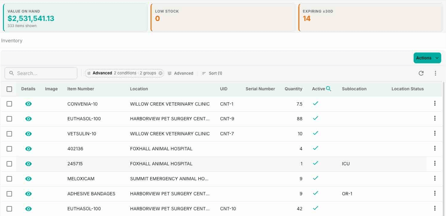 Sitehound Vet inventory screen with the Inventory Health strip: value on hand, low stock and expiring lots