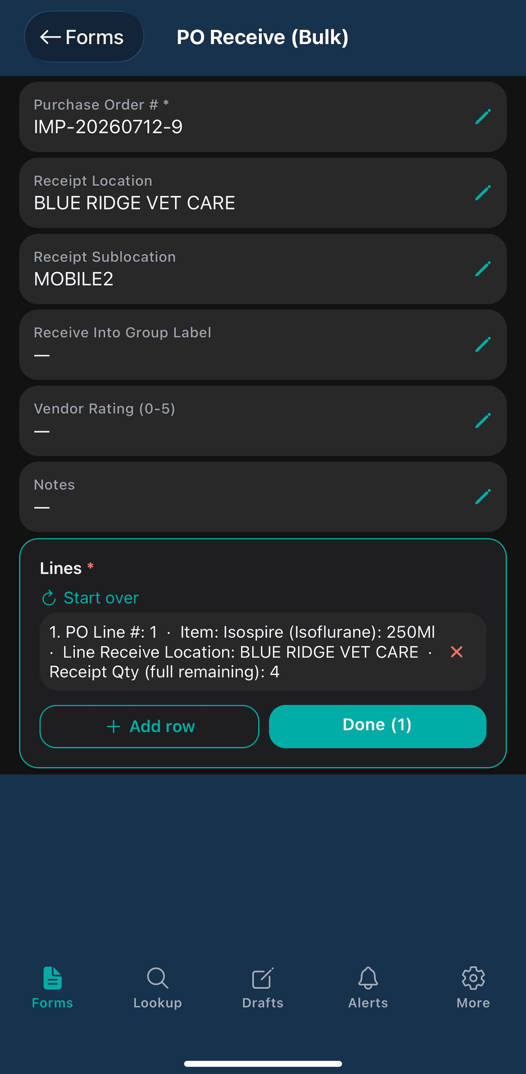SitehoundVet app bulk purchase order receiving
